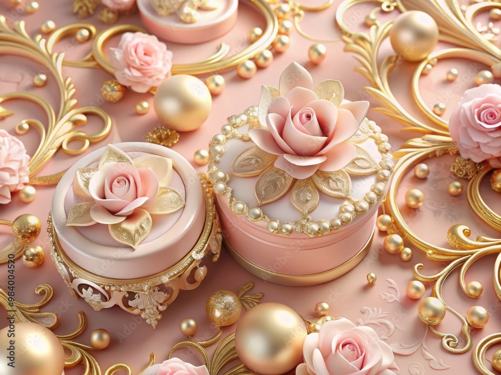 Delicate pastel pink tone with ornate gold accents, evoking feelings of opulence and refinement, ideal for beauty, fashion, and lifestyle branding