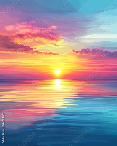 A vibrant sunset over a calm ocean with a colorful sky and clouds reflecting on the water.