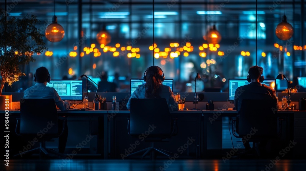 Night Office Scene with Programmers Working Generative AI Night Office Scene with Programmers Working Generative AI