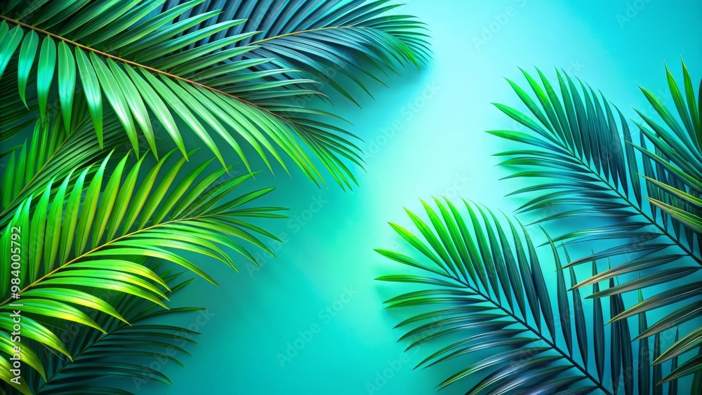 Naklejka premium Palm fronds in a gradient of greens and neutral tones against a vibrant neon blue backdrop, evoking a sense of tropical oasis and relaxation, with plenty of negative space for bold typography.