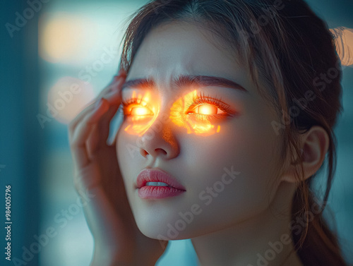 A woman with bright orange eyes staring at the camera. AI Generated