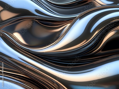 Create an abstract background of liquid metal waves in silver, chrome, or holographic colors, with a smooth, fluid, and reflective surface. This design should evoke a futuristic and high-tech feel, su