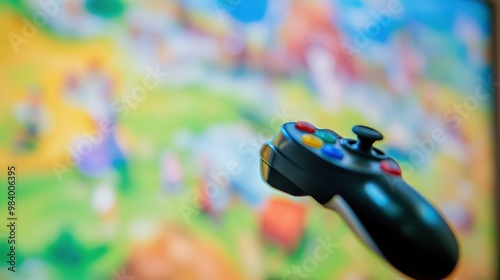 Vibrant close-up joystick controller above colorful game screen, symbolizing exciting freedom in gaming. Action, entertainment, and digital leisure concepts.