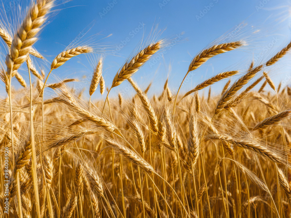 A stunning close-up of golden wheat stalks gracefully swaying in the breeze, showcasing the richness and abundance of nature during the harvest season. generative AI A stunning close-up of golden wheat stalks gracefully swaying in the breeze, showcasing the richness and abundance of nature during the harvest season. generative AI
