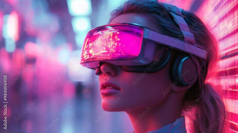 Woman Wearing VR Headset in Futuristic Neon Environment Generative AI Woman Wearing VR Headset in Futuristic Neon Environment Generative AI