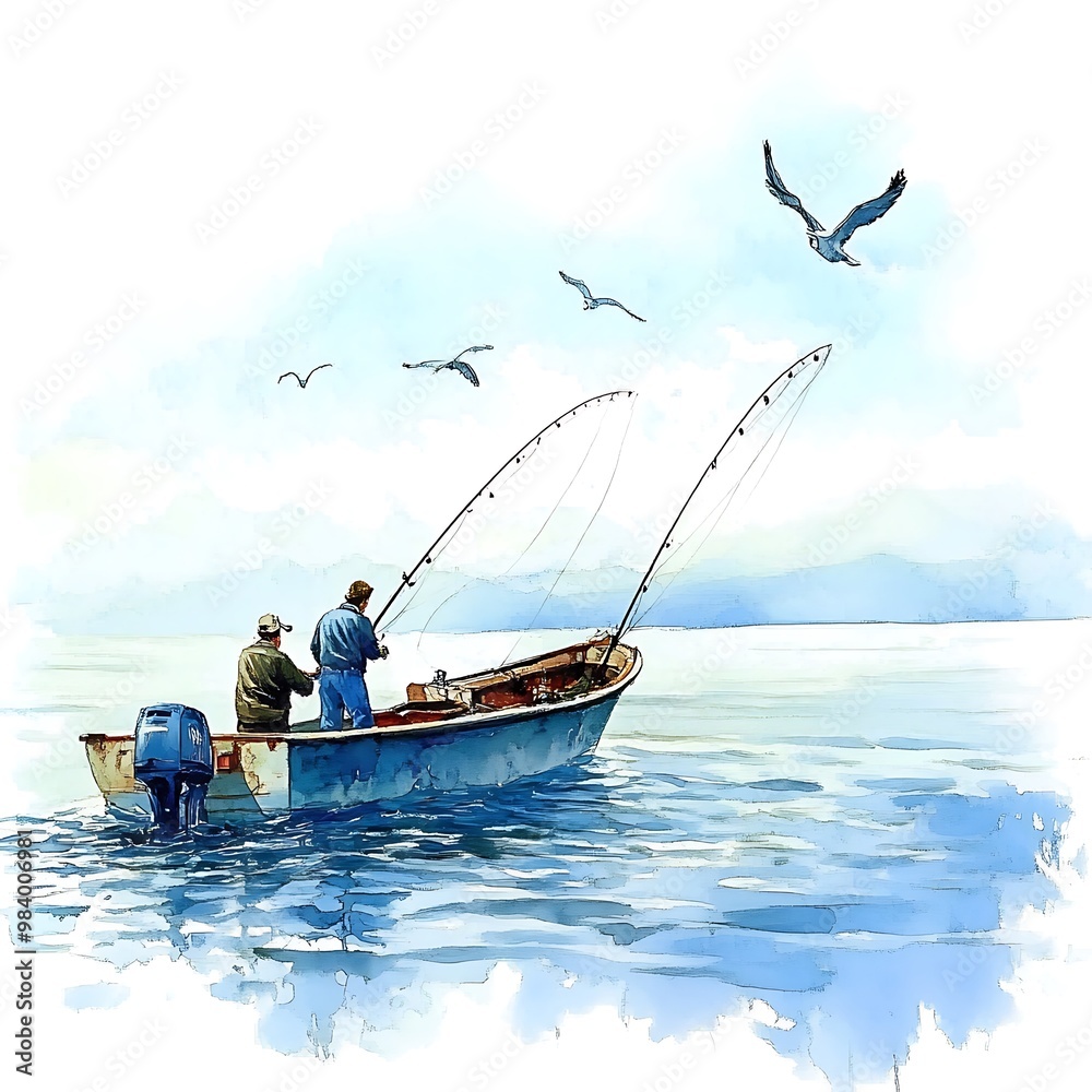 Naklejka premium Two Fishermen in a Boat with Seagulls Flying Overhead.