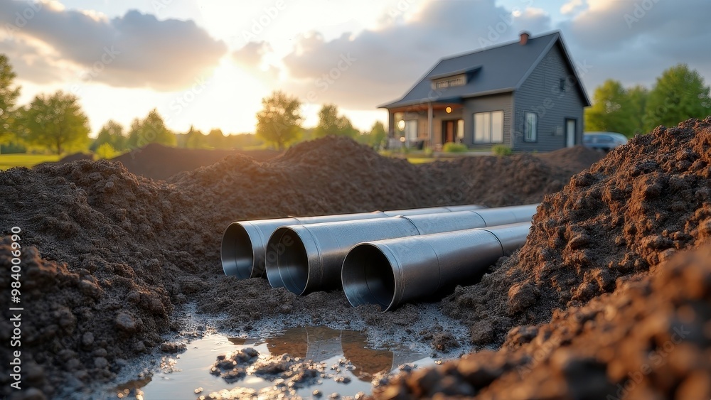 Construction Site with Large Metal Pipes Partially Exposed in Freshly Dug Earth, Modern House in the Background Construction Site with Large Metal Pipes Partially Exposed in Freshly Dug Earth, Modern House in the Background