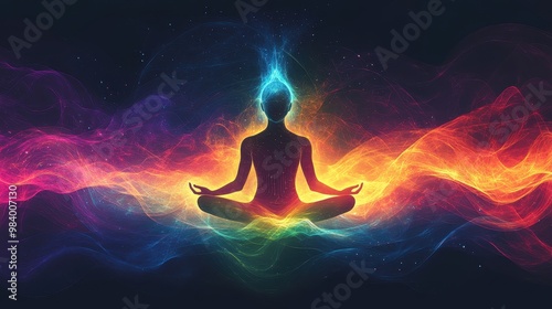 Meditation with vibrant sound waves, showcasing a figure in a serene pose against a colorful background of light.