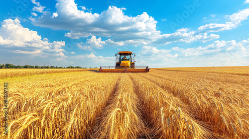 Wheat harvesting on field in summer season. modern harvesters with grain header, wide chaff spreader cut and threshes ripe wheat grain . Process of gathering crop by agricultural machinery