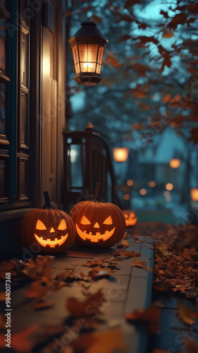 a couple of pumpkins sitting on top of a street, digital art, digital art, lanterns on the porch