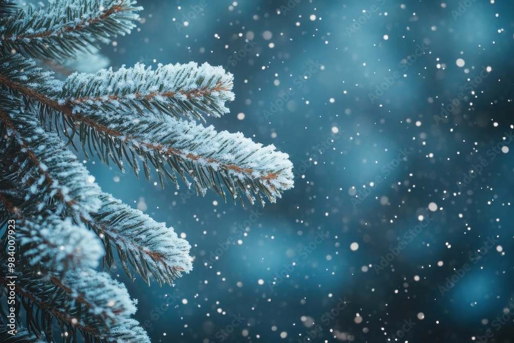 Winter background with snow-covered fir branches and falling snowflakes Winter background with snow-covered fir branches and falling snowflakes