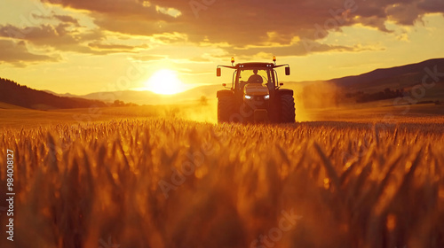 Wheat harvesting on field in summer season. modern harvesters with grain header, wide chaff spreader cut and threshes ripe wheat grain . Process of gathering crop by agricultural machinery photo