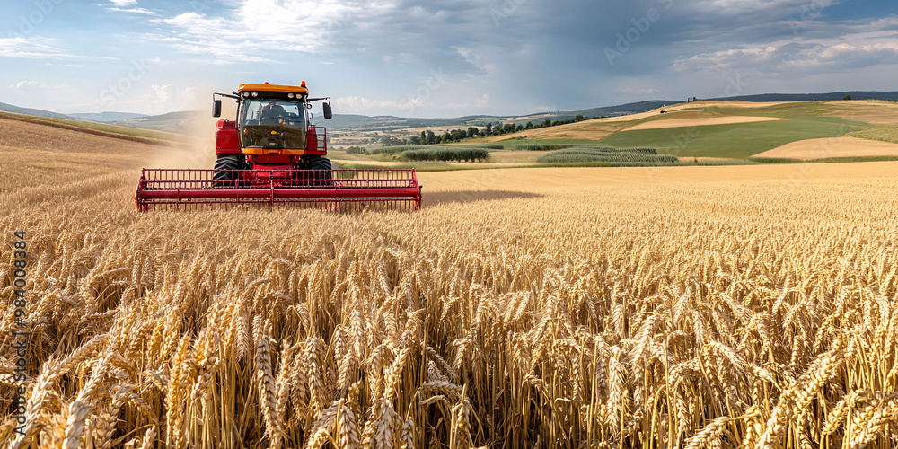 Obraz premium Wheat harvesting on field in summer season. modern harvesters with grain header, wide chaff spreader cut and threshes ripe wheat grain . Process of gathering crop by agricultural machinery