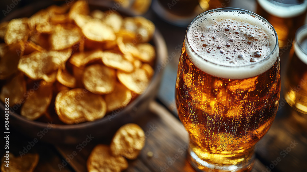 Close-Up of Beer with Chips Close-Up of Beer with Chips