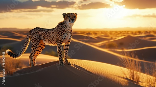 Fototapeta Naklejka Na Ścianę i Meble -  Cheetah standing poised on a sand dune under a bright sky with golden light shining across the desert landscape highlighting its sleek form