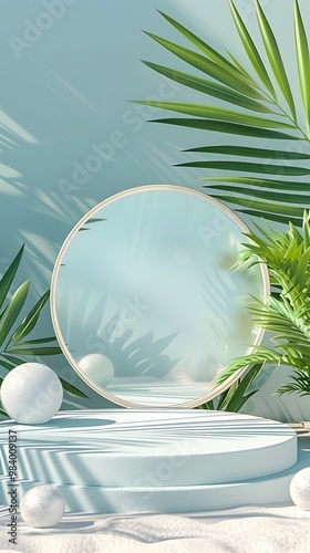 3d platform with round frame, white orbs, green leaves, and blue backdrop. Suitable for naturethemed designs, ecofriendly concepts, abstract backgrounds. photo