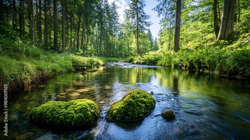 Tranquil Forest Stream With Mossy Rocks