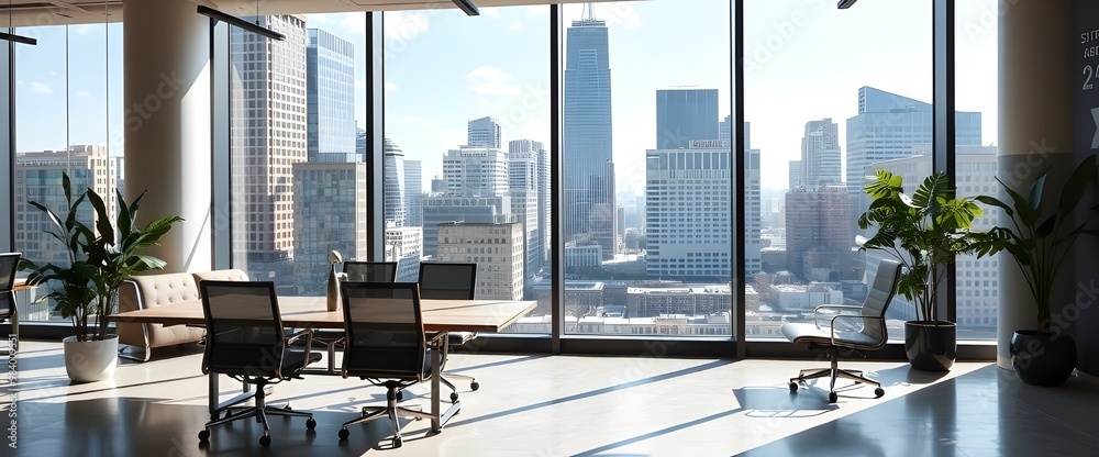 A contemporary office environment while the background shows a city skyline through large glass windows. A contemporary office environment while the background shows a city skyline through large glass windows.