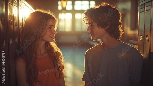 Teen Couple Smiling at Each Other in School Hallway Generative AI