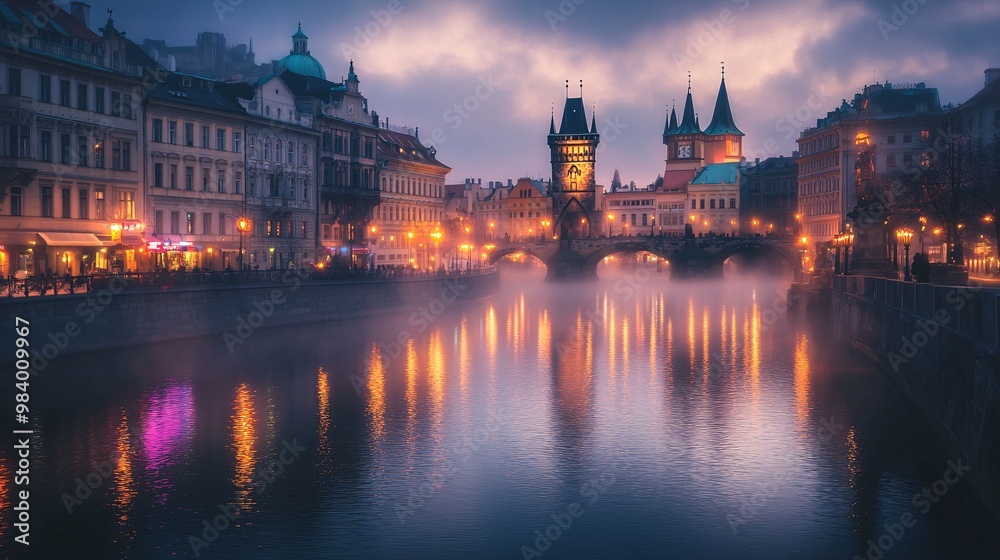 Foggy Prague Bridge at Sunset with River Reflections Foggy Prague Bridge at Sunset with River Reflections