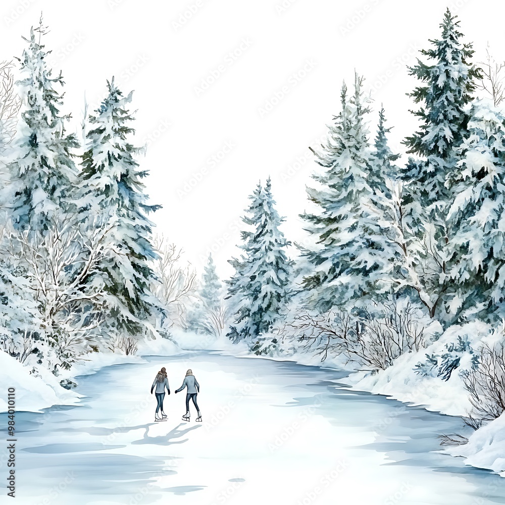 Watercolor Painting of Two People Ice Skating on a Frozen Lake in the Winter. Watercolor Painting of Two People Ice Skating on a Frozen Lake in the Winter.