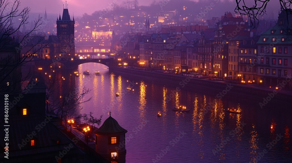 Obraz premium Prague Cityscape at Dusk with River Bridge and Lights