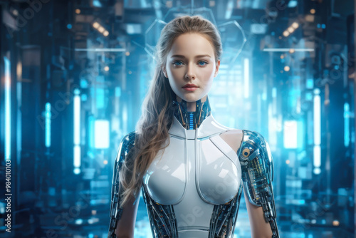 Hyper-realistic humanoid AI robot with sleek design and a digital backdrop, capturing the essence of futuristic artificial intelligence and technological innovation. generative AI photo