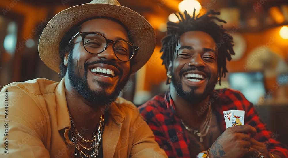 A Photo of Two Men Playing Cards, Laughing and Having Fun
A Photo of Two Men Playing Cards, Laughing and Having Fun