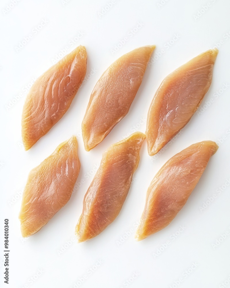 Chicken fillets placed symmetrically on white background, Chicken fillets placed symmetrically on white background,