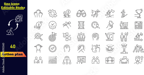 Editable stroke icon set for action plans, featuring icons for strategy, tasks, goals, actions, planning, collaboration, monitoring, improvement, mission, vision, and analysis.