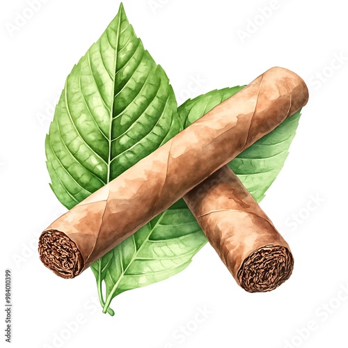 Watercolor Illustration of Two Cigars with Green Leaves.