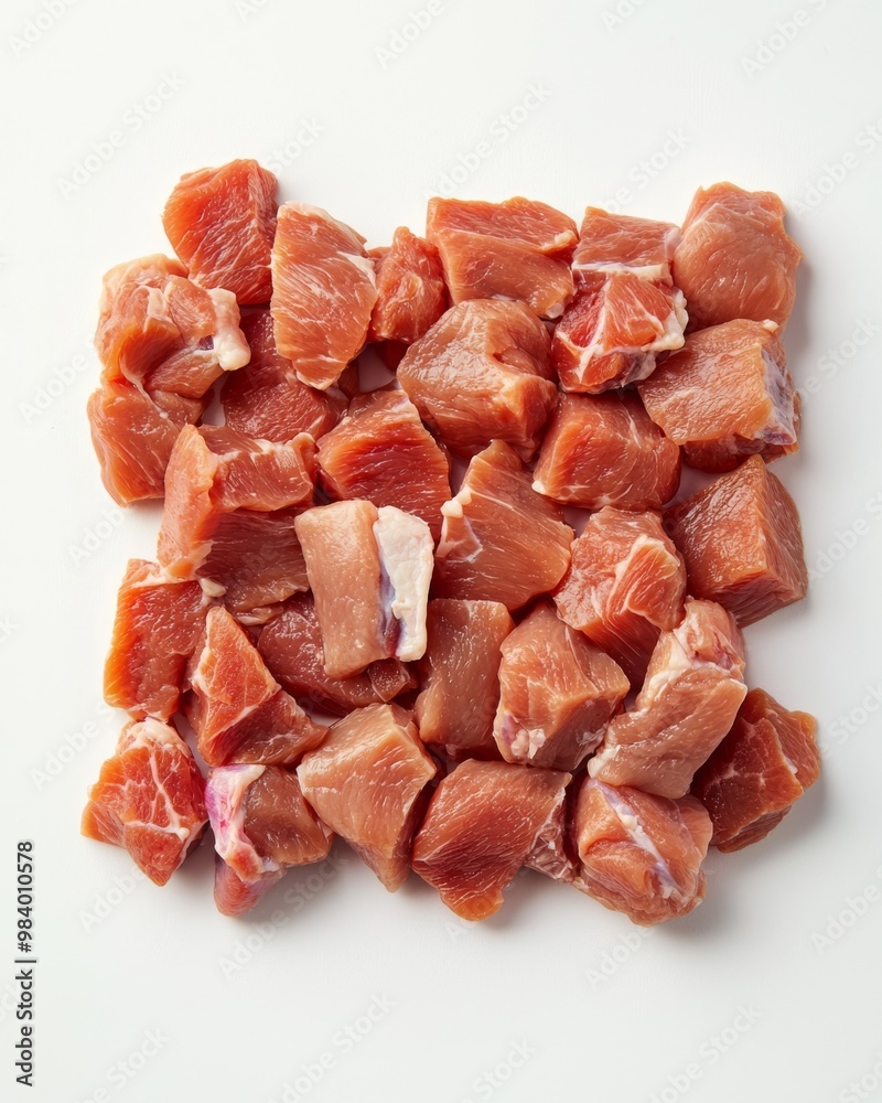 Chicken meat pieces arranged neatly, white background, Chicken meat pieces arranged neatly, white background,