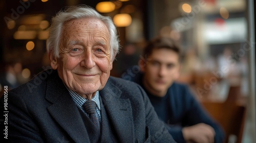 Portrait of Elderly Man Smiling in a Cozy Cafe Generative AI