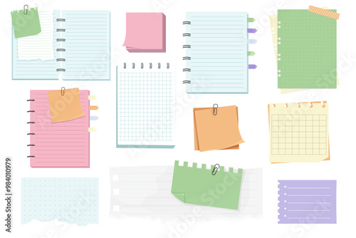 Memo notes, paper for note with clip, postit. Planner notebook page. Idea list. Post note sticker. Quote frame, reminder.
