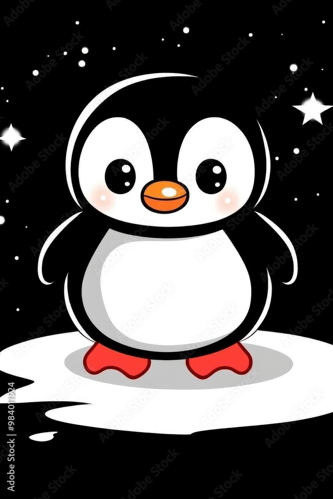 Fototapeta premium Cute Cartoon Penguin on Ice with Starry Night Background