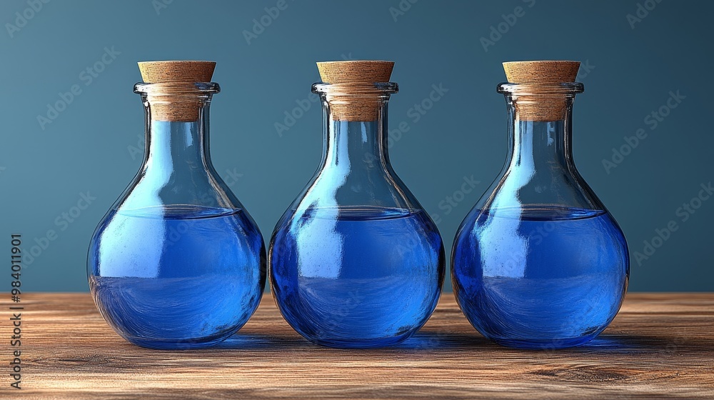 Three glass bottles filled with vibrant blue liquid, set against a simple background, perfect for design and decoration.