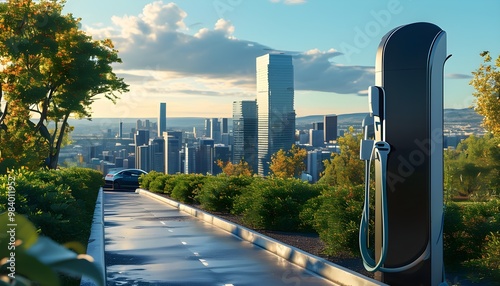 Futuristic cityscape showcasing electric vehicle charging stations with modern EVs, highlighting renewable energy and sustainable urban infrastructure photo