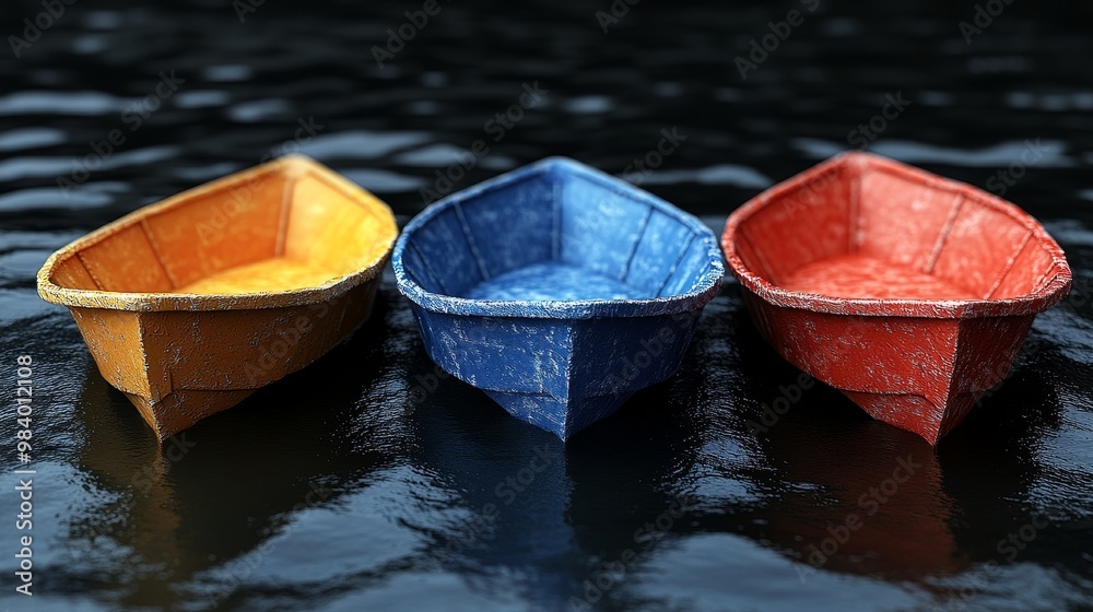 Three vibrant boats in yellow, blue, and red float gently on calm water, creating a serene and colorful scene. Three vibrant boats in yellow, blue, and red float gently on calm water, creating a serene and colorful scene.