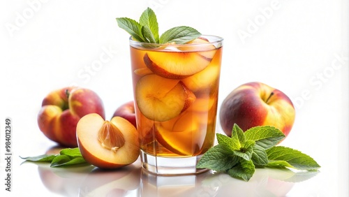 Peach-Flavored Iced Tea in Glass with Mint Garnish, Fresh Summer Beverage