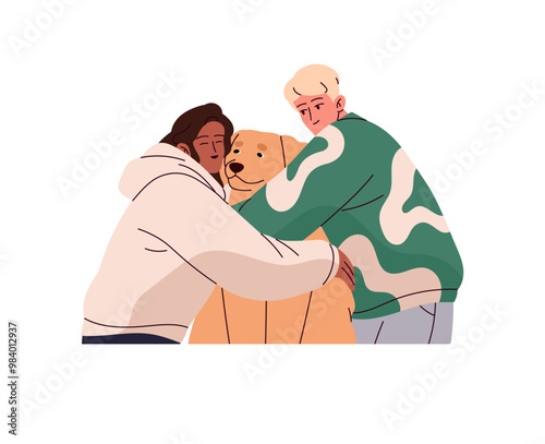 Cute couple hugs adorable labrador. Happy owners cuddle golden retriever together. People love their dog, embrace fluffy puppy. Friends with pup. Flat isolated vector illustration on white background