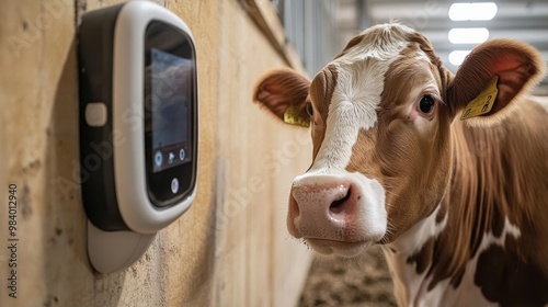 Close-up of cow health monitoring devices in use on a modern dairy farm, photo