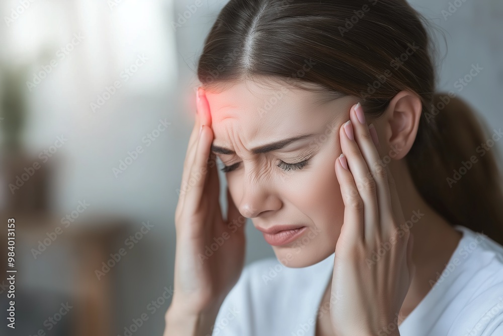 A distressed woman holding her forehead in pain, experiencing a migraine or severe headache, with red highlights showing discomfort A distressed woman holding her forehead in pain, experiencing a migraine or severe headache, with red highlights showing discomfort