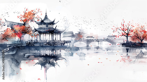 Chinese ancient architecture Suzhou gardens, with ink painting style.
