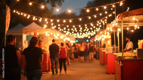 A nighttime community event with string lights food stalls and people gathered in a lively joyful ambiance