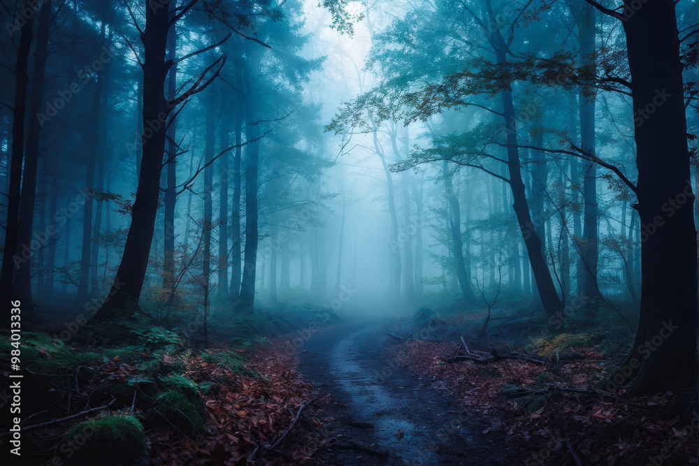 Obraz premium A mystical fog-covered forest, where towering trees disappear into the haze, evoking feelings of magic, mystery, and serenity. generative AI