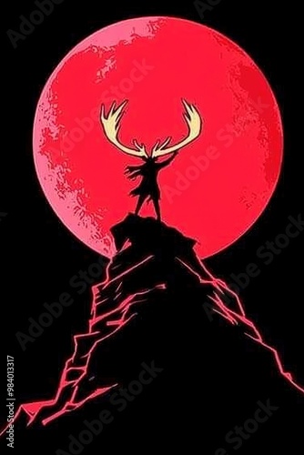 Silhouette of a Deer with Antlers Standing on a Mountain with a Red Moon in the Background