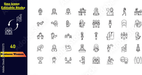 Business Woman stroke icon set, featuring icons such as handshake, meeting, support, performance, communication, female leadership, and more.