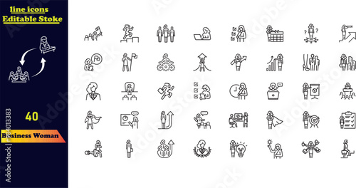 Business Woman stroke icon set, featuring icons such as handshake, meeting, support, performance, communication, female leadership, and more.