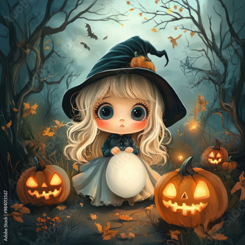 Scared cute girl with blonde curly hair in the forest. Halloween illustration with pumpkins with faces, web, bats and scary night scene