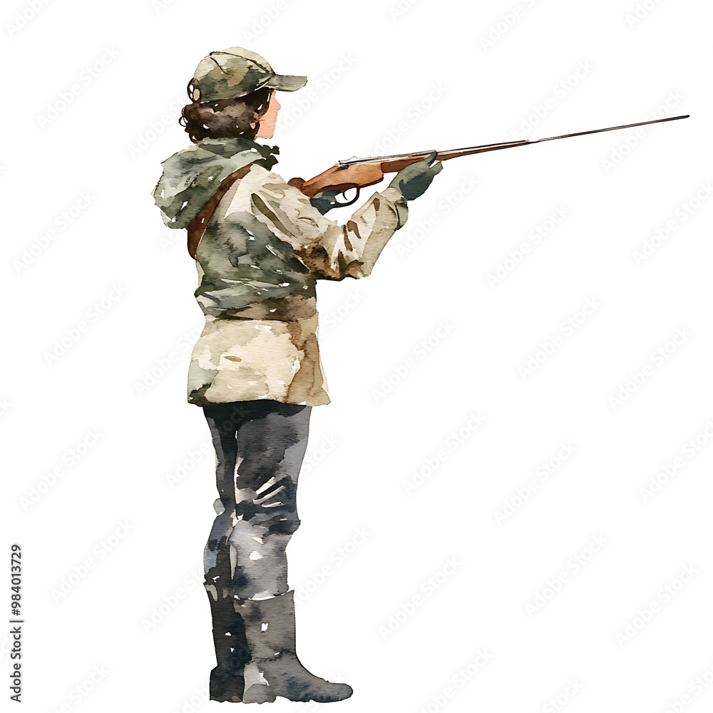 Obraz premium Watercolor illustration of a woman hunter aiming with a rifle.